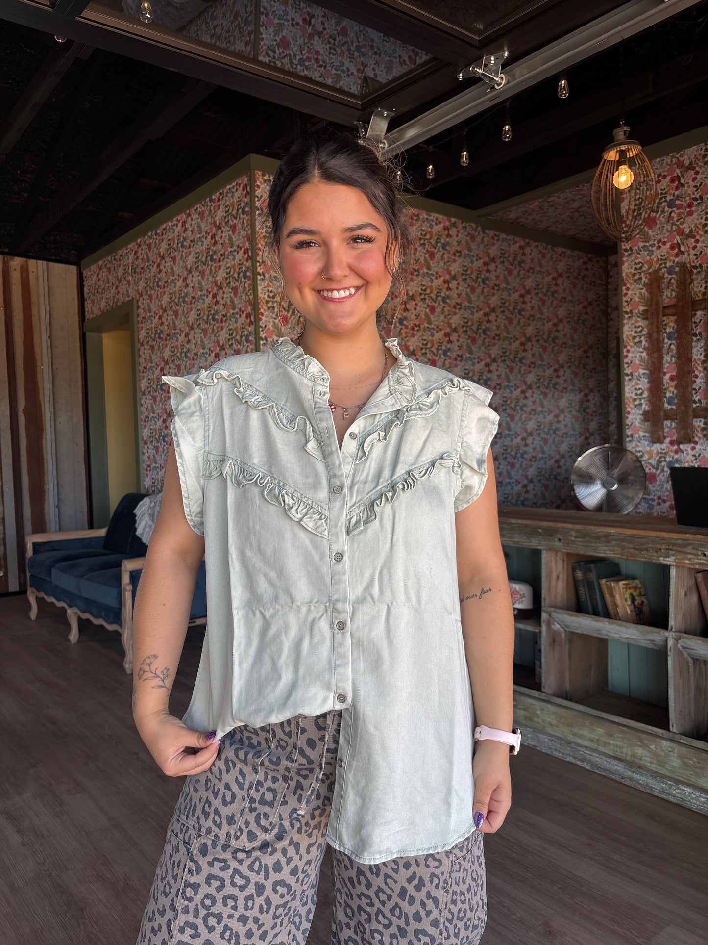 Mint Concho button blouse